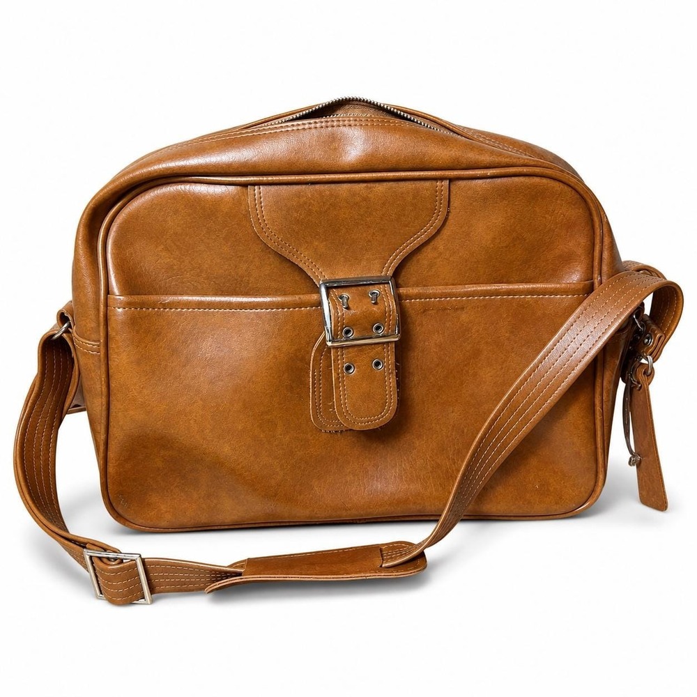 Vintage Brown Vinyl Leather Crossbody Bag Retro Messenger Bag WITH KEYS